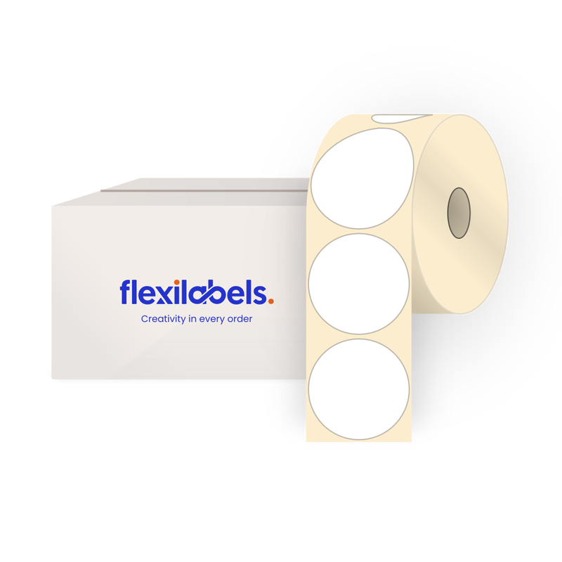 130 mm Diameter Round Labels for Roll Label Printers, Thermal Direct Economy White Paper, Permanent Adhesive, 500 Labels Per Roll