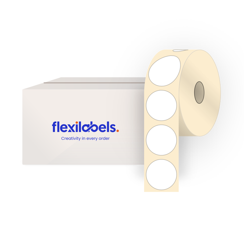 27 mm Diameter Round Labels for Roll Label Printers, Thermal Direct Economy White Paper, Permanent Adhesive, 1500 Labels Per Roll