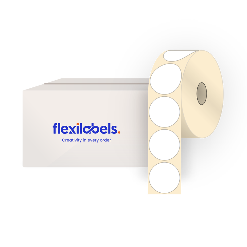 88 mm Diameter Round Labels for Roll Label Printers, Thermal Direct Top Coated Paper, Permanent Adhesive, 750 Labels Per Roll