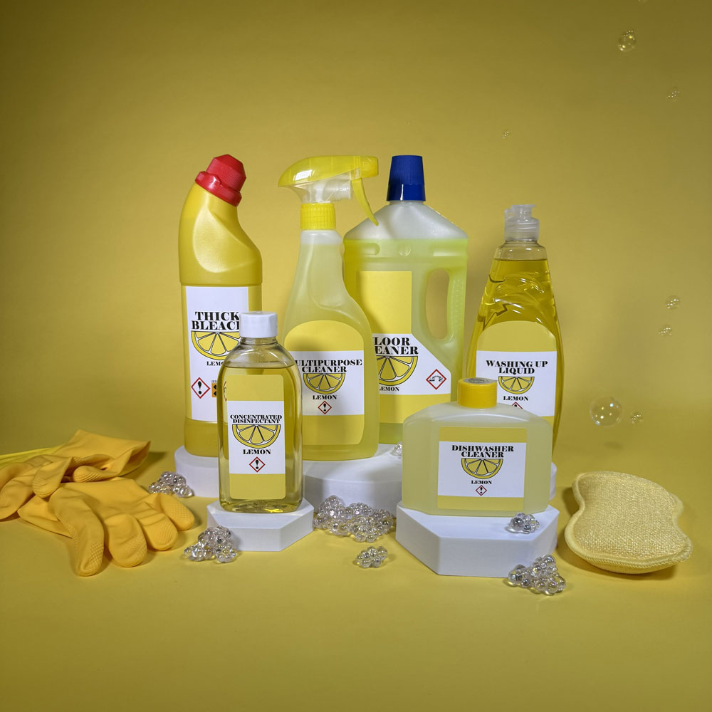 Picture showing matching labels on yellow cleaning products