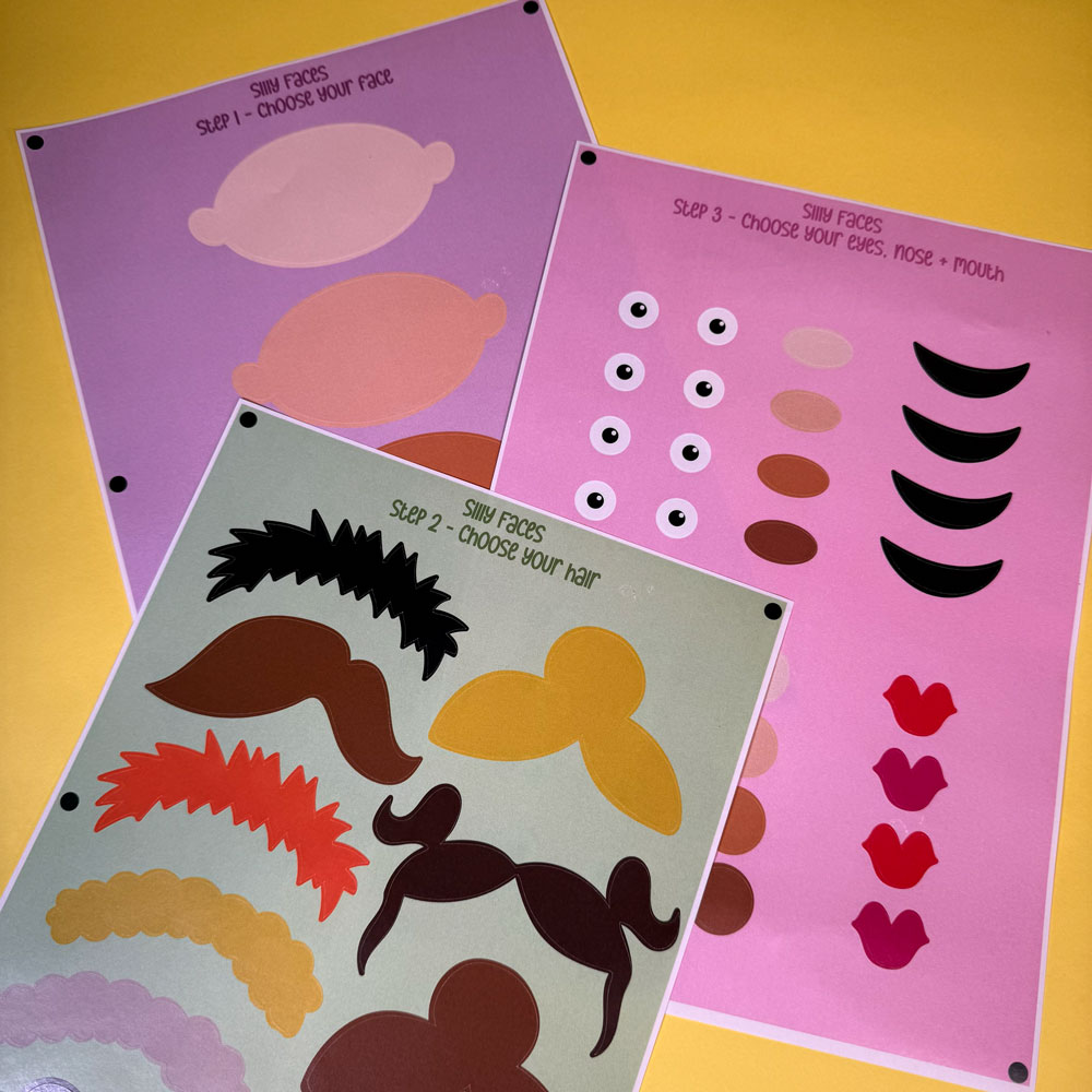 Picture showing 3 sticker sheets called silly faces. Step 1, choose your face. Step 2, choose your hair. Step 3, choose your eyes, nose and mouth