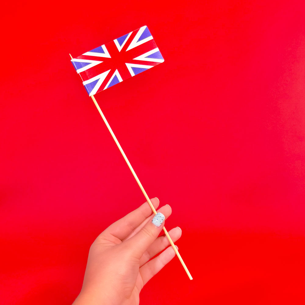 Picture showing the union jack flag attached to a skewer to use as a prop
