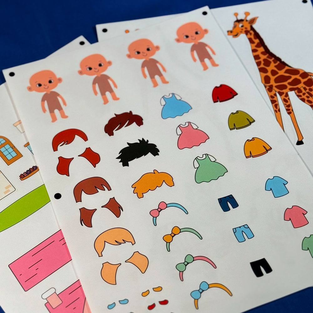 Picture showing three sticker sheets, build your own house, choose your outfit and build your own animal