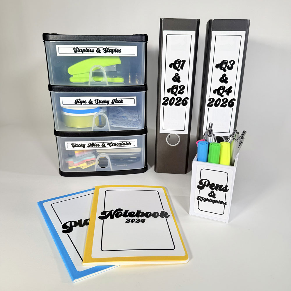 Picture showing office supplies with matching labels