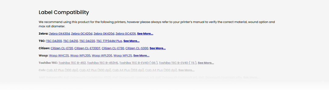 Image of what the Label Compatibility section looks like on our product pages