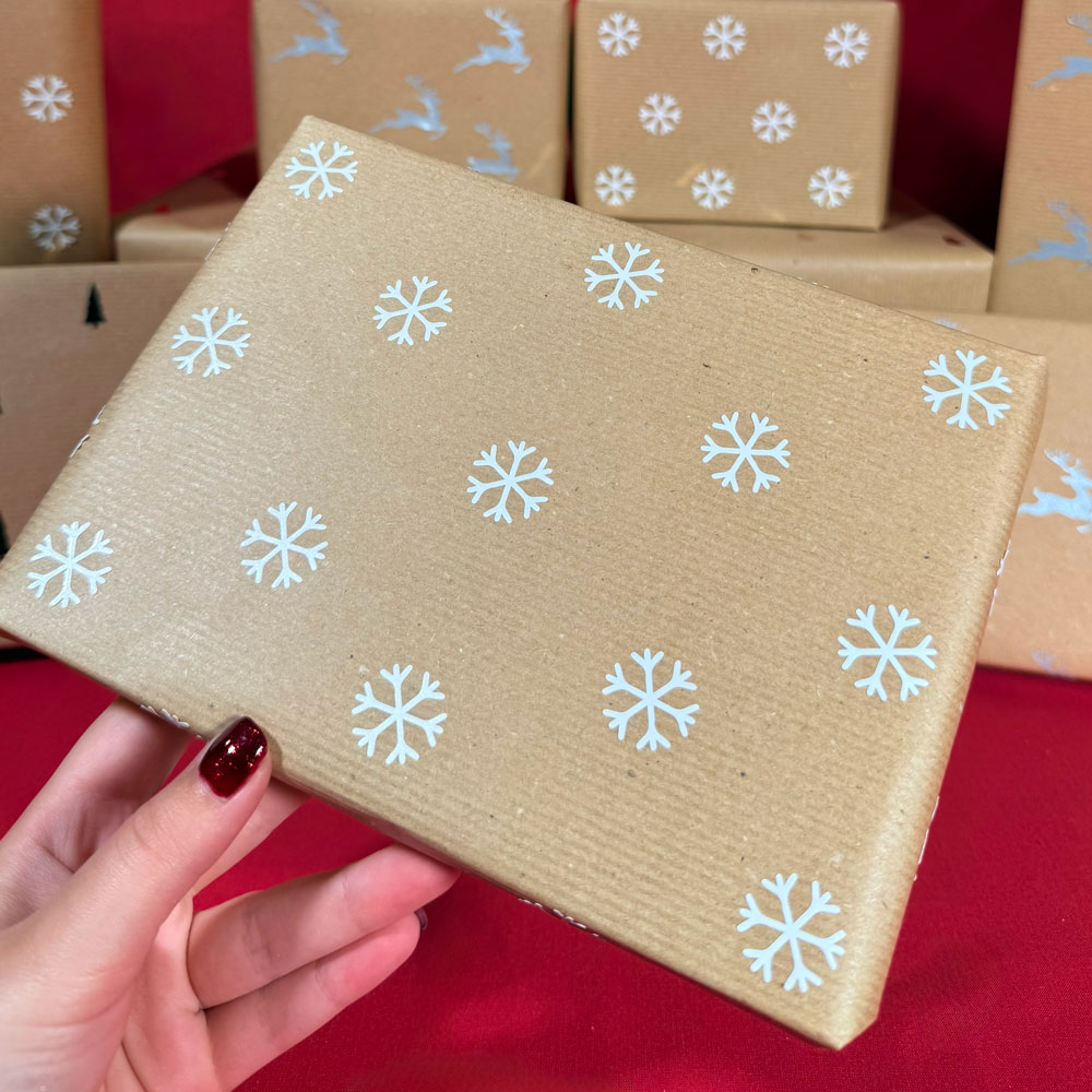 Picture showing a box wrapped with brown paper decorated with white snowflake stickers